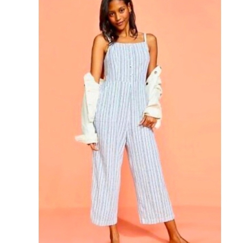Old Navy Blue White Striped Linen Blend Wide Leg Jumpsuit Size S Make up stain